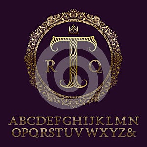 Wavy patterned gold letters with initial monogram. Elegant font