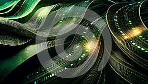 Wavy ribbons display binary code with glowing green highlights, representing data flow and digital information