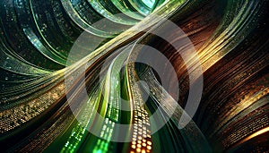 Wavy ribbons display binary code with glowing green highlights, representing data flow and digital information