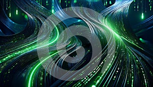 Wavy ribbons display binary code with glowing green highlights, representing data flow and digital information