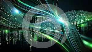 Wavy ribbons display binary code with glowing green highlights, representing data flow and digital information