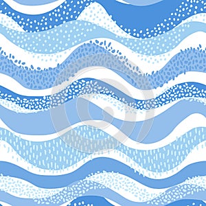 Wavy sea ocean seamless pattern in modern style. Horizontal curly waves, minimal polka dot doodle