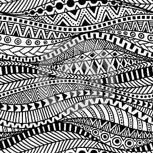 Wavy seamless ethnic pattern. Black and white print for textiles