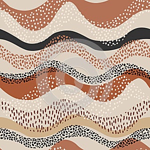 Wavy seamless pattern in natural geo style. Horizontal curly waves with minimal polka dot doodle