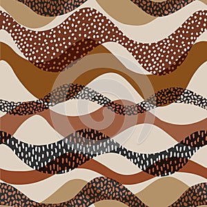 Wavy seamless pattern in natural geo style. Horizontal curly waves with minimal polka dot doodle