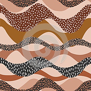 Wavy seamless pattern in natural geo style. Horizontal curly waves with minimal polka dot doodle