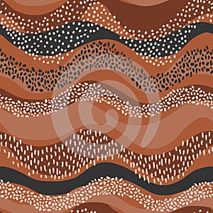 Wavy seamless pattern in natural geo style. Horizontal curly waves with minimal polka dot doodle