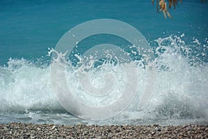 Close up of a wavy sea at the Borsh beach, Albania.