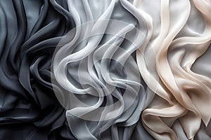 Wavy silk or satin fabric of black and white color with folds, shiny elegant drapery texture, 3d, generative ai