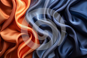 Wavy silk or satin fabric of blue and orange color with folds, shiny liquid drapery texture, 3d, generative ai