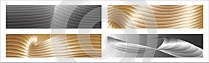 Wavy silver and gold parallel gradient lines, ribbons, silk. Set of 4 backgrounds. Black and white with shades of gray or golden