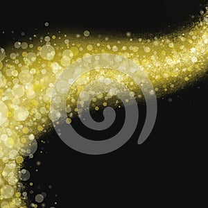 Wavy streak of gold light with gold white and yellow round circles or bubbles on black background