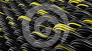 Wavy surface of black and yellow curles ornament abstract 3D ren