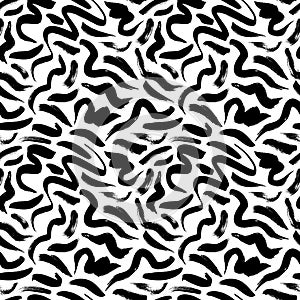 Wavy and swirled brush strokes vector seamless pattern. Black paint freehand scribbles, abstract ink background.