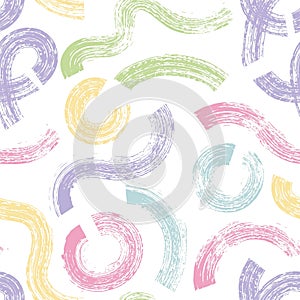 Wavy and swirled colored brush strokes vector seamless pattern. bright paint freehand scribbles, abstract ink crayon