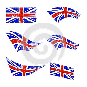 Wavy United Kingdom flag set. Red and blue distorted grunge British flag. Isolated on white background.