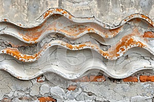 Wavy White and Orange Concrete Wall with Brick Bottom, Textured Surface, Urban Decay Concept
