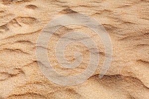 Wavy yellow sand texture background, sandy waves pattern, sand grains, rippled dry sand surface top view, desert dune