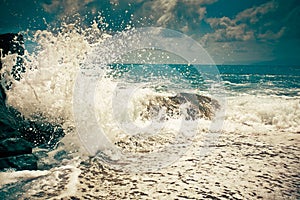 Wawe splashes sea storm horizon