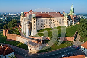 Wawel Castle and Cathedral in Krakow, Poland. Aerial view at sun photo