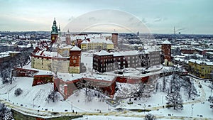 Wawel Castle, Cathedral and Vistula river in winter. Krakow, Poland