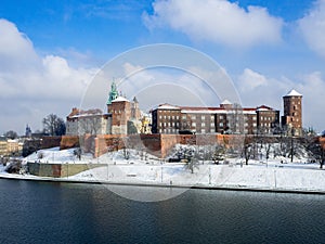 Wawel Castle in Krakow and Vistula river in winter