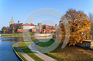 Wawel Castle and Vistula River in Fall, Cracow Poland