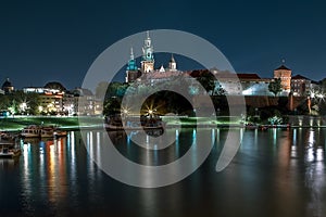 Wawel castle and vistula, Wisla, river night panorama, Poland, Krakow