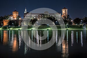 Wawel castle and vistula, Wisla, river night panorama, Poland, Krakow