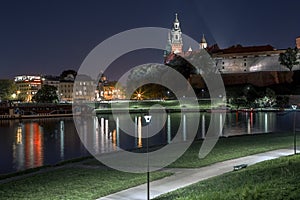 Wawel castle and vistula, Wisla, river night panorama, Poland, Krakow