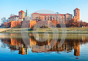 Wawel castle at Wisla river banks in Krakow old town Poland