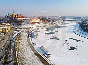 Wawel Cathedral, castle and frozen Vistula in winter. Krakow, Po