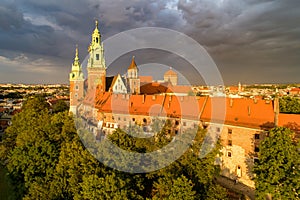 Wawel Cathedral in Krakow, Poland. Aerial view with dark clouds photo