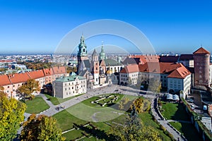 Wawel Cathedral in Krakow, Poland. Aerial view in sunset light