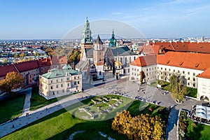 Wawel Cathedral in Krakow, Poland in fall. Aerial view in fall i