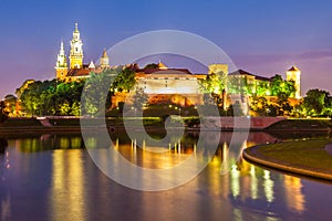 Wawel Hill above Vistula River in Krakow at night