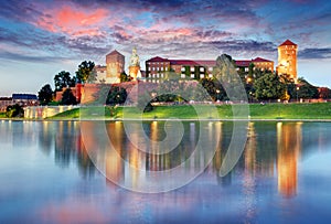 Wawel hill with castle in Krakow at night, Poland