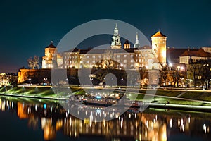 Wawel hill with royal castle at night. Krakow is one of the most famous landmark