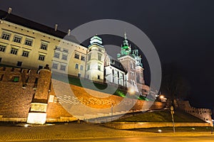 Wawel Royal Castle at night in Krakow, Poland