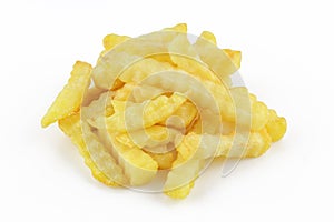 Wawy french fries. Crinkle cut potatoes pile isolated on white background