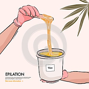 Wax bucket hair removar cosmetology concept, sugar epilation beautican illustration. Waxing Dermatology Beauty salon, spa