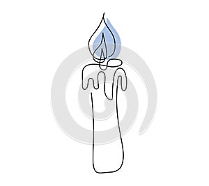 Wax candle with blue flame. Burning decorative aroma candle. Continuous one line drawing. Line art. Isolated on white