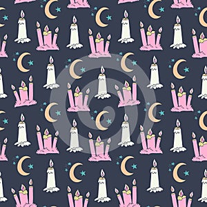 Wax candle and crescent seamless pattern. Burning wax light at night vector illustration. Magical spiri