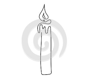 Wax candle with flame. Burning candle. Continuous one line drawing. Line art. Isolated on white background. Design