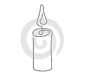 Wax candle with flame. Burning decorative aroma candle. Continuous one line drawing. Line art. Isolated on white