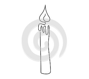 Wax candle with flame. Burning decorative aroma candle. Continuous one line drawing. Line art. Isolated on white