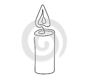 Wax candle with flame. Burning decorative candle. Continuous one line drawing. Line art. Isolated on white backdrop