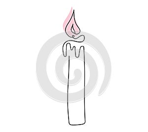 Wax candle with pink flame. Burning decorative aroma candle. Continuous one line drawing. Line art. Isolated on white