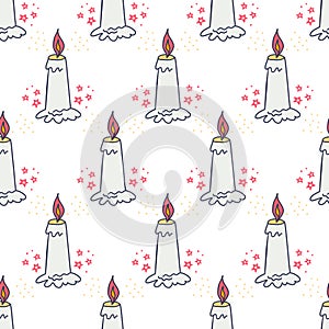 Wax candle seamless pattern. Burning wax light vector illustration. Hand drawn glim wallpaper. Meditation and relaxation concept