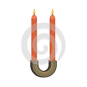 Wax candles on candlestick. Aromatic decoration for cosy home interior. Decorative burning candlelights in holder